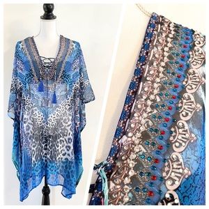 🆕Women’s La Moda Blue Cat Kimono Kaftan Swimsuit Coverup